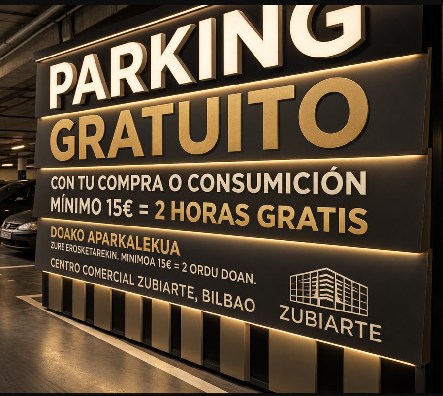 Cartel del parking de Zubiarte: 2 horas gratis con consumición mínima de 15 €